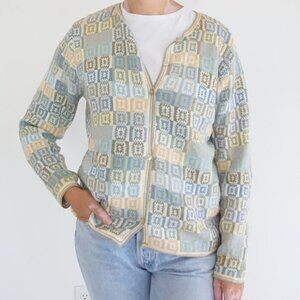 Talbots Blue Green Patchwork Checkered Button Knit Cardigan Cottagecore M